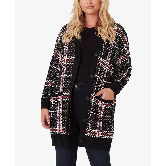 Jessica Simpson Sweaters - NWT Jessica Simpson Maria Plaid Cardigan Plus Size 3X Thick Knit Blk Red Button